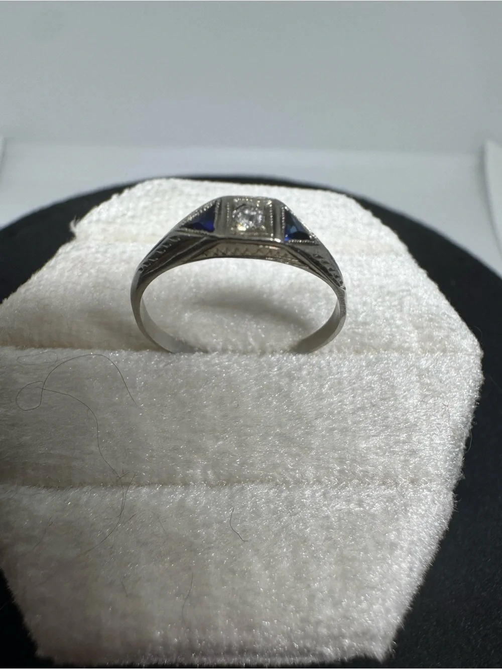 Antique Art Deco 1920s 14K White Gold Natural Sapphire & Diamond Ring Size 5.75